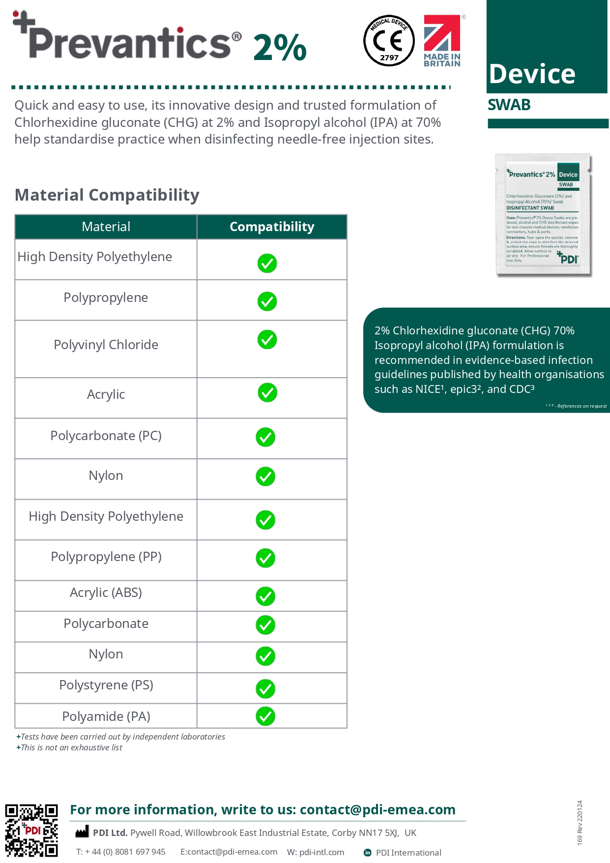 material compatibility prevantics 2 device swab page 0001